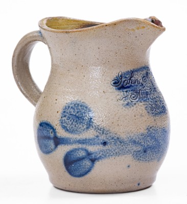 Exceedingly Rare and Important Small-Sized Stoneware Presentation Pitcher with Cobalt Floral Decoration, Inscribed 