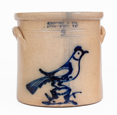 Rare Three-Gallon J. NORTON & CO / BENNINGTON VT Stoneware Crock w/ Bird-on-Stump Design