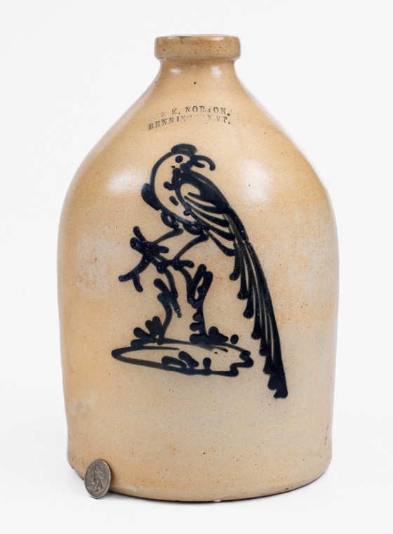 Scarce One-Gallon Stoneware Jug with Cobalt Pheasant-on-Stump Decoration, Stamped 