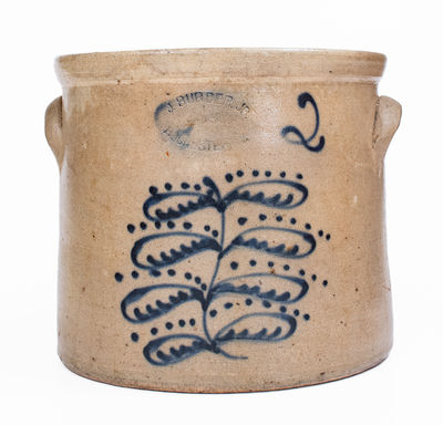 2 Gal. J. BURGER JR. / ROCHESTER, NY Stoneware Crock w/ Slip-Trailed Decoration