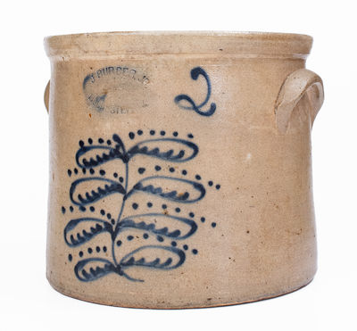 2 Gal. J. BURGER JR. / ROCHESTER, NY Stoneware Crock w/ Slip-Trailed Decoration