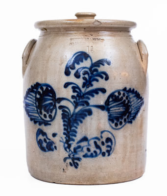 FENTON & HANCOCK / ST JOHNSBURY VT Lidded Stoneware Jar w/ Elaborate Floral Decoration, c1852-58