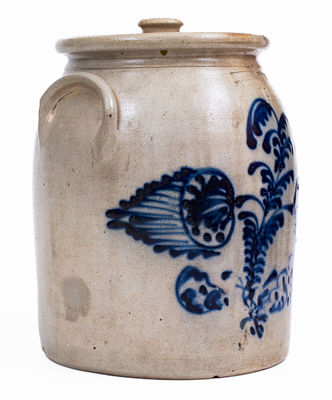 FENTON & HANCOCK / ST JOHNSBURY VT Lidded Stoneware Jar w/ Elaborate Floral Decoration, c1852-58