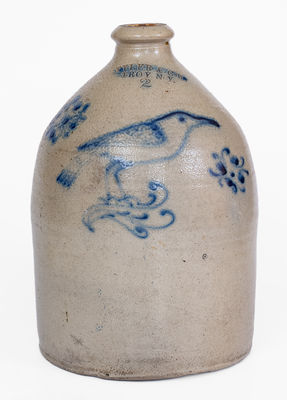 Scarce TYLER & CO. / TROY, N Y Stoneware Jug w/ Cobalt Bird Decoration
