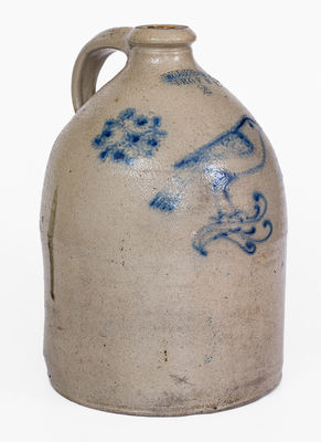 Scarce TYLER & CO. / TROY, N Y Stoneware Jug w/ Cobalt Bird Decoration