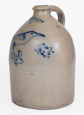 Scarce TYLER & CO. / TROY, N Y Stoneware Jug w/ Cobalt Bird Decoration