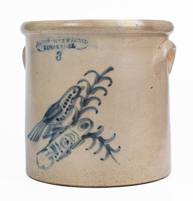 3 Gal. BANGOR STONE WARE CO / BANGOR MAINE Stoneware Bird Crock