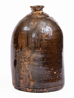 Extremely Rare Stoneware Chicken Waterer w/ Incised Native American Decoration, prob. Joseph G. Baynham, Trenton, SC