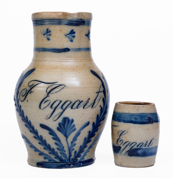 Extremely Rare Cobalt-Decorated Stoneware Pitcher and Mug Set, Inscribed 