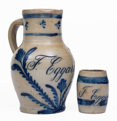 Extremely Rare Cobalt-Decorated Stoneware Pitcher and Mug Set, Inscribed 