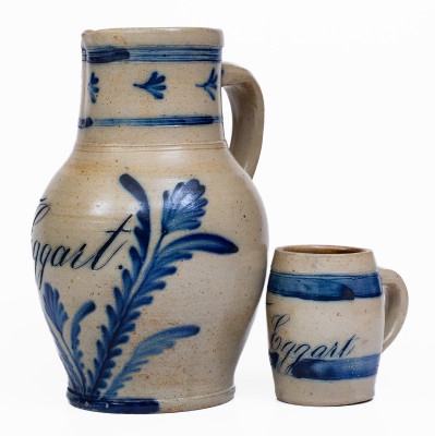 Extremely Rare Cobalt-Decorated Stoneware Pitcher and Mug Set, Inscribed 