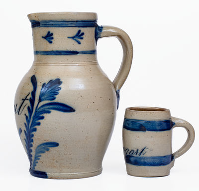 Extremely Rare Stoneware Pitcher and Mug Set, Inscribed 