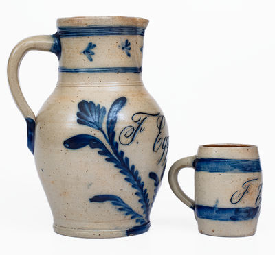 Extremely Rare Stoneware Pitcher and Mug Set, Inscribed 