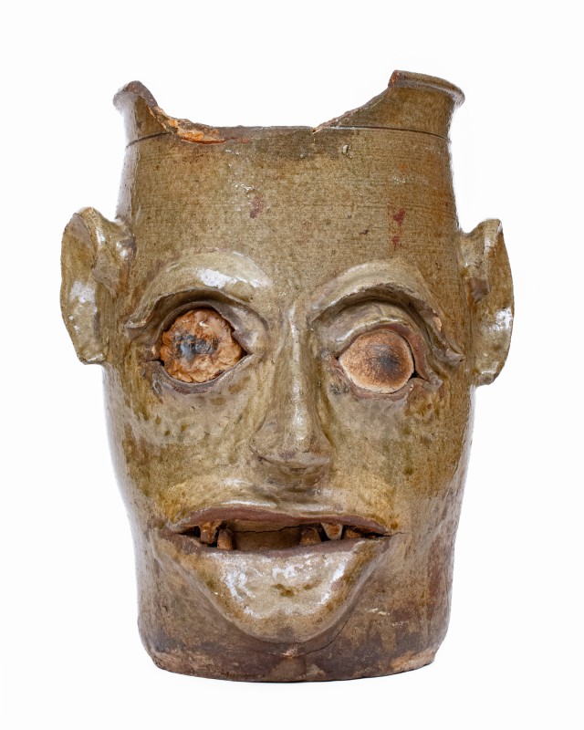 Large-Sized G.P. SEIGLER / TRENTON, S.C. Alkaline-Glazed Stoneware Face Vessel