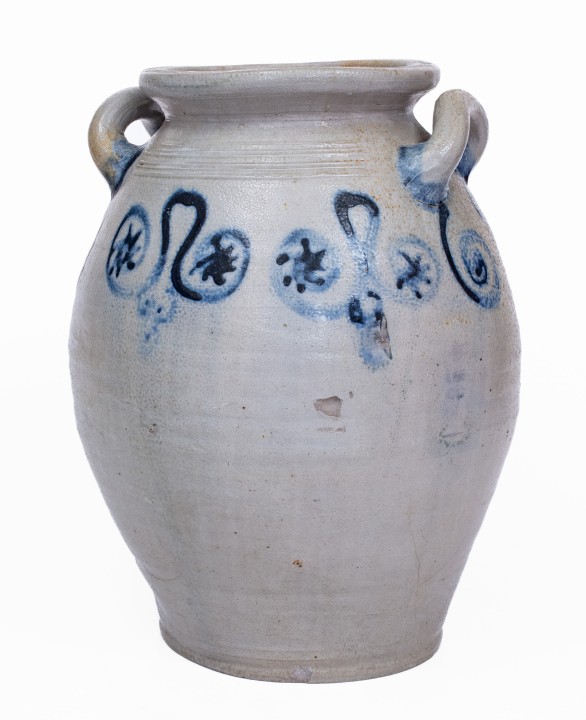 Extremely Rare Abraham Mead, Greenwich, CT Stoneware Jar with Watchspring and Stars Decoration, circa 1790