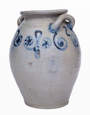 Extremely Rare Abraham Mead, Greenwich, CT Stoneware Jar with Watchspring and Stars Decoration, circa 1790