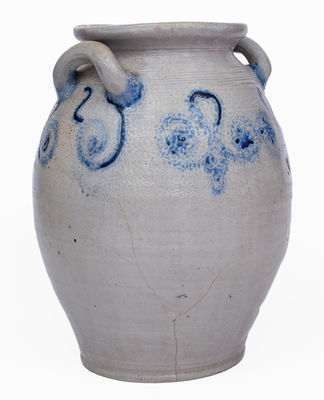 Extremely Rare Abraham Mead, Greenwich, CT Stoneware Jar w/ Watch Spring and Stars Decoration, c1790