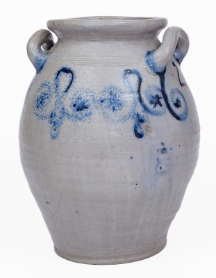 Extremely Rare Abraham Mead, Greenwich, CT Stoneware Jar with Watchspring and Stars Decoration, circa 1790
