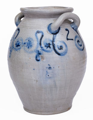 Extremely Rare Abraham Mead, Greenwich, CT Stoneware Jar w/ Watch Spring and Stars Decoration, c1790