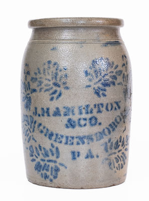 J. HAMILTON / & CO. / GREENSBORO / PA Cobalt-Decorated Stoneware Jar
