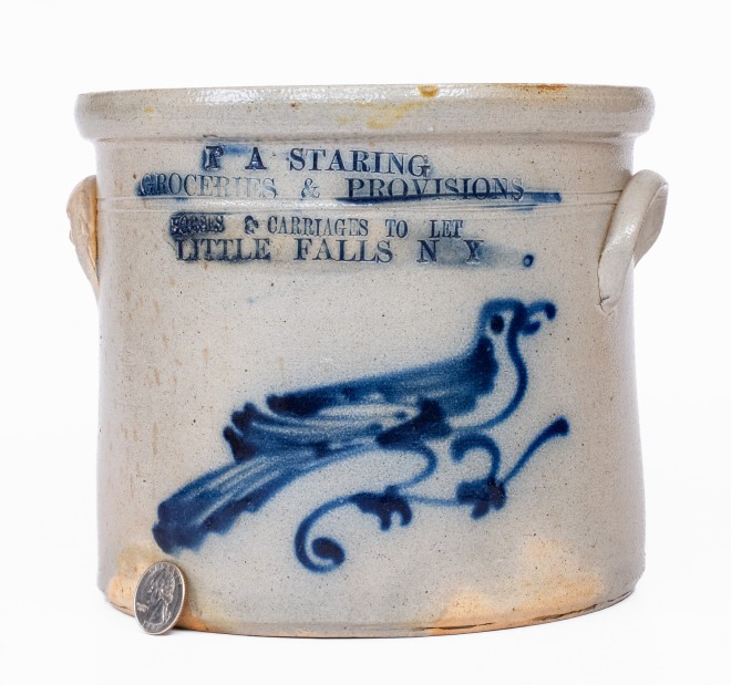 Very Fine NORTON Stoneware Bird Crock with Impressed Advertising HORSES & CARRIAGES TO LET / LITTLE FALLS, NY