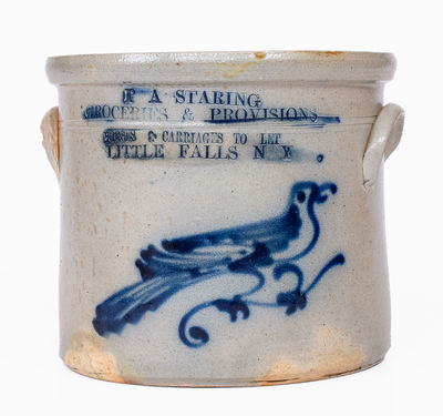 Very Fine Advertising Crock w/ Bird: HORSES & CARRIAGES TO LET / LITTLE FALLS, NY, att. Norton, Bennington