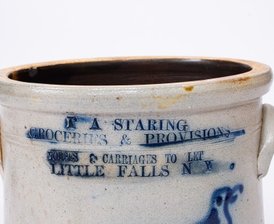 Very Fine NORTON Stoneware Bird Crock with Impressed Advertising HORSES & CARRIAGES TO LET / LITTLE FALLS, NY