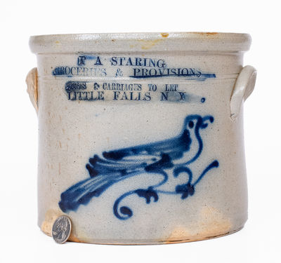 Very Fine Advertising Crock w/ Bird: HORSES & CARRIAGES TO LET / LITTLE FALLS, NY, att. Norton, Bennington