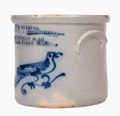 Very Fine Advertising Crock w/ Bird: HORSES & CARRIAGES TO LET / LITTLE FALLS, NY, att. Norton, Bennington