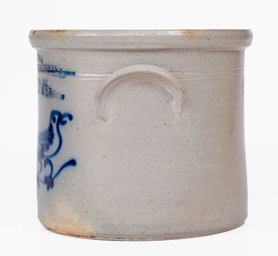 Very Fine Advertising Crock w/ Bird: HORSES & CARRIAGES TO LET / LITTLE FALLS, NY, att. Norton, Bennington