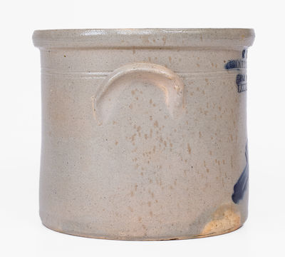 Very Fine Advertising Crock w/ Bird: HORSES & CARRIAGES TO LET / LITTLE FALLS, NY, att. Norton, Bennington