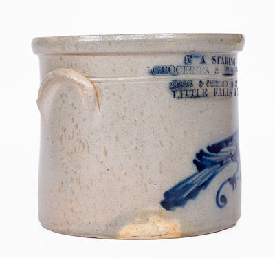 Very Fine Advertising Crock w/ Bird: HORSES & CARRIAGES TO LET / LITTLE FALLS, NY, att. Norton, Bennington