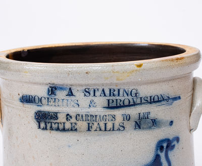 Very Fine Advertising Crock w/ Bird: HORSES & CARRIAGES TO LET / LITTLE FALLS, NY, att. Norton, Bennington