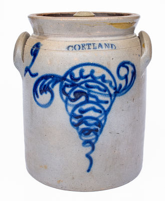 2 Gal. CORTLAND, NY Stoneware Lidded Jar w/ Slip-Trailed Decoration