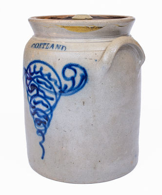 2 Gal. CORTLAND, NY Stoneware Lidded Jar w/ Slip-Trailed Decoration