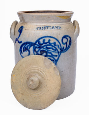 2 Gal. CORTLAND, NY Stoneware Lidded Jar w/ Slip-Trailed Decoration