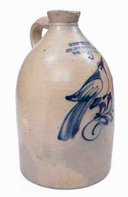 Scarce NEW YORK STONEWARE CO. / FORT EDWARD, NY Stoneware Syrup Jug w/ Bird Decoration