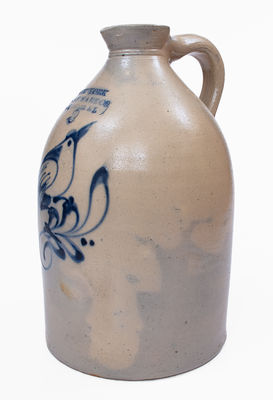 Scarce NEW YORK STONEWARE CO. / FORT EDWARD, NY Stoneware Syrup Jug w/ Bird Decoration