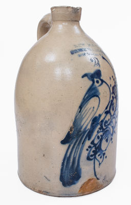 Scarce NEW YORK STONEWARE CO. / FORT EDWARD, NY Stoneware Syrup Jug w/ Elaborate Bird