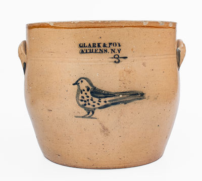3 Gal. CLARK & FOX / ATHENS, NY Stoneware Bowl w/ Bird Decoration, c1829-38