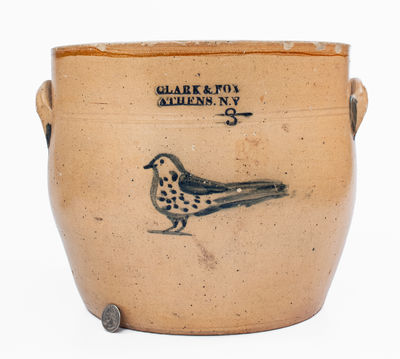 3 Gal. CLARK & FOX / ATHENS, NY Stoneware Bowl w/ Bird Decoration, c1829-38