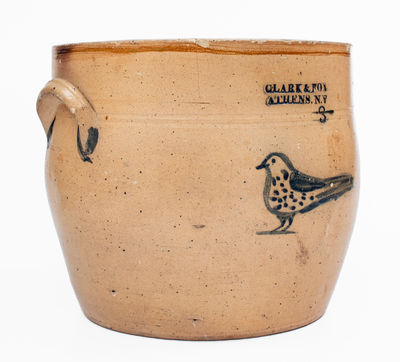 3 Gal. CLARK & FOX / ATHENS, NY Stoneware Bowl w/ Bird Decoration, c1829-38