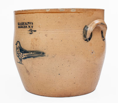 3 Gal. CLARK & FOX / ATHENS, NY Stoneware Bowl w/ Bird Decoration, c1829-38