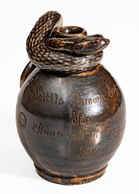 Very Fine Stoneware Snake Jug, "Little Brown Jug by Anna Pottery / 1884"