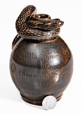 Very Fine Stoneware Snake Jug, "Little Brown Jug by Anna Pottery / 1884"
