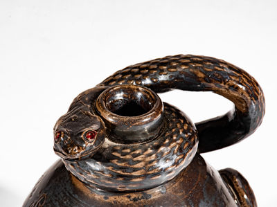 Very Fine Stoneware Snake Jug, "Little Brown Jug by Anna Pottery / 1884"