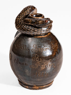 Very Fine Stoneware Snake Jug, "Little Brown Jug by Anna Pottery / 1884"