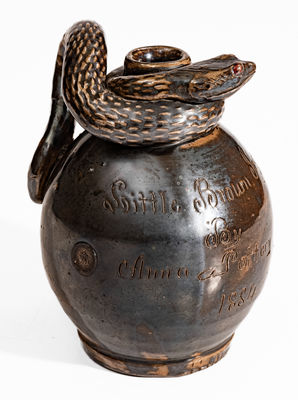Very Fine Stoneware Snake Jug, "Little Brown Jug by Anna Pottery / 1884"