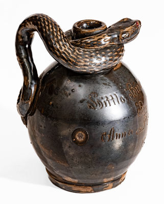 Very Fine Stoneware Snake Jug, "Little Brown Jug by Anna Pottery / 1884"