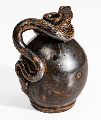 Very Fine Stoneware Snake Jug, "Little Brown Jug by Anna Pottery / 1884"